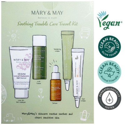 Набір мініатюр для обличчя з центеллою азіатською Mary & May Soothing Trouble Care Travel Kit (гель для вмивання, тонер, заспокійливий крем, сироватка, сонцезахисний крем)