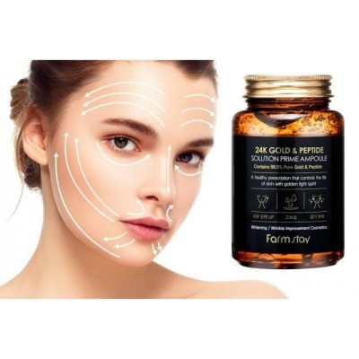 Сироватка для обличчя ампульна антивікова з золотом і пептидами FarmStay 24K Gold&Peptide Solution Prime Ampoule